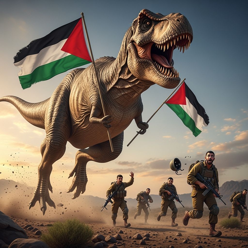 Dinosaur Chase with Palestinian Flags