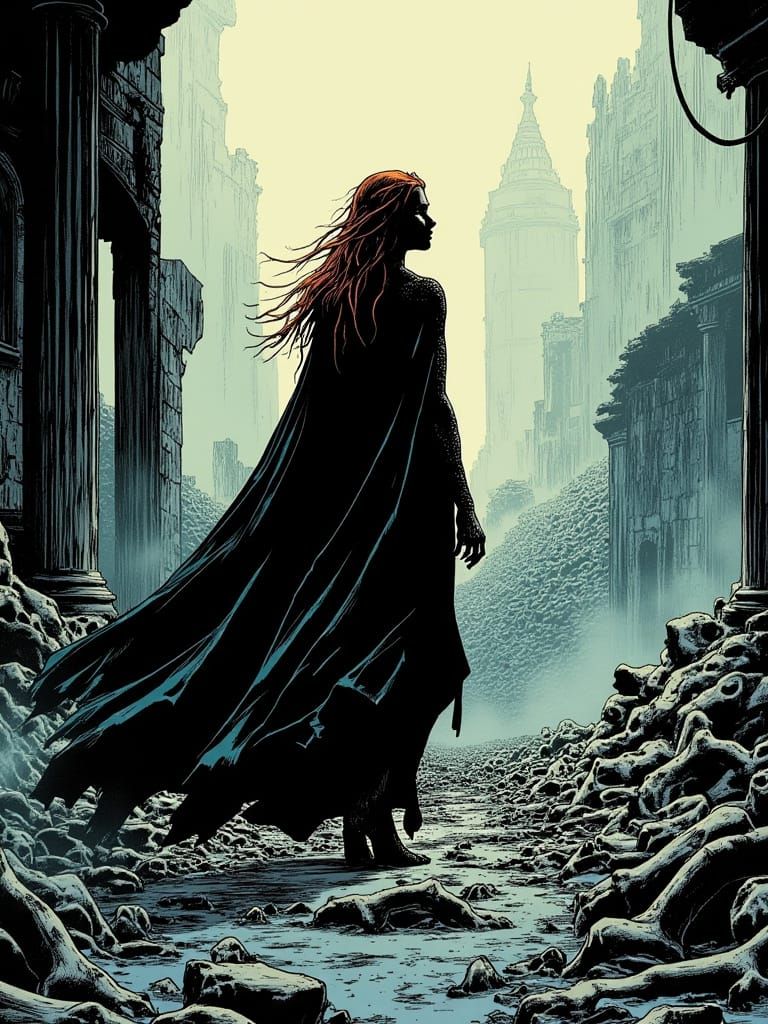 Goddess of Desolation Walks Ruins in Shadowy Cape