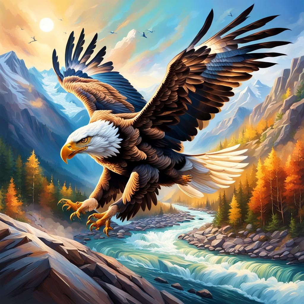 Majestic Eagle Soaring Over Mountain River