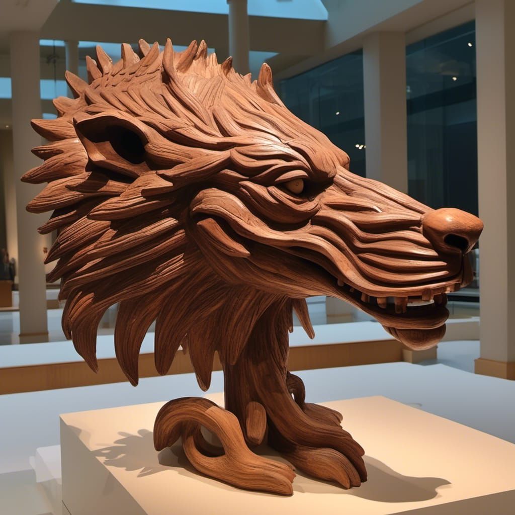 Exotic Wood Beast Sculpture on Museum Display