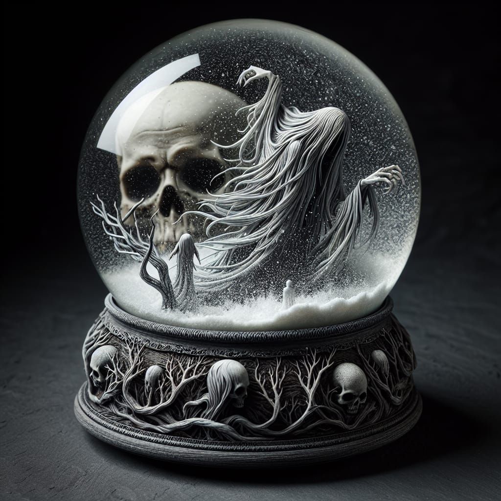 Elegant Horror Snow Globe with Ethereal Figures and Disinteg...