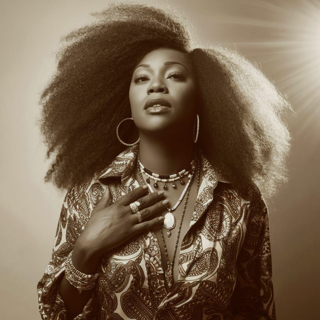 Erykah Badu Portrait with Voluminous Curly Hair