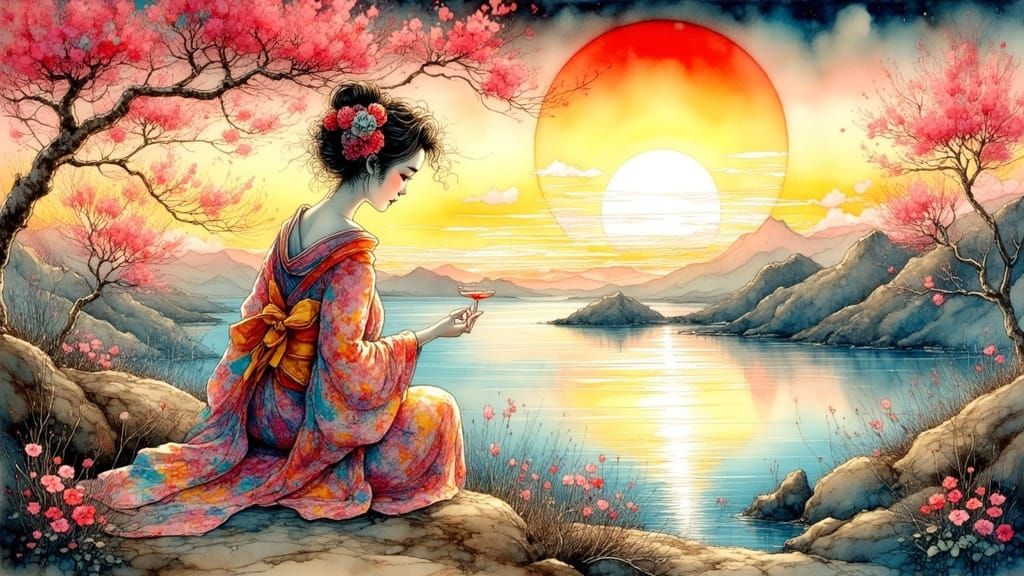 Woman in Traditional Japanese Robe Looks to the Horizon, Vin...