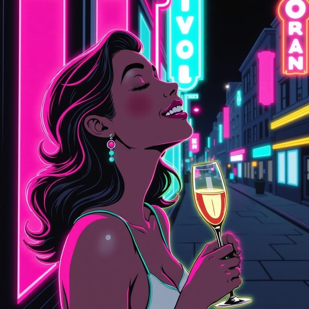 Smiling Person Reflection in Neon City Lights