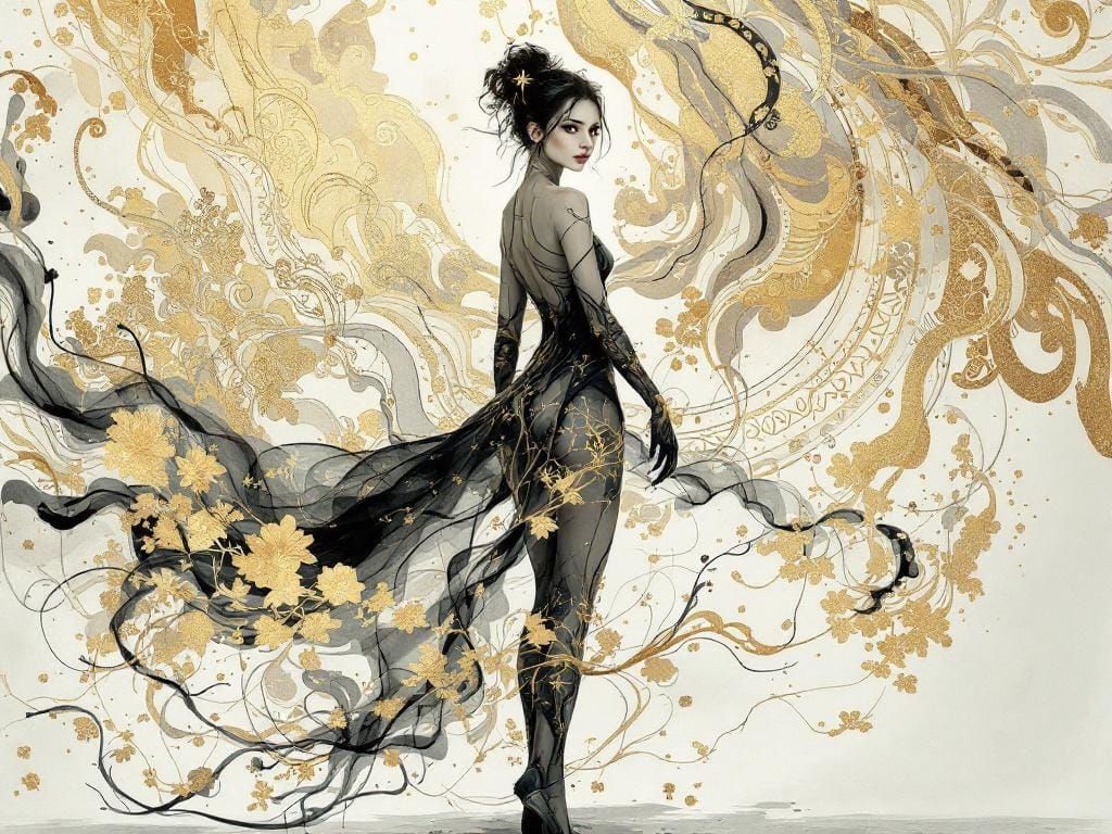 Woman Merging with Ornate Pattern, Watercolor and Ink Art