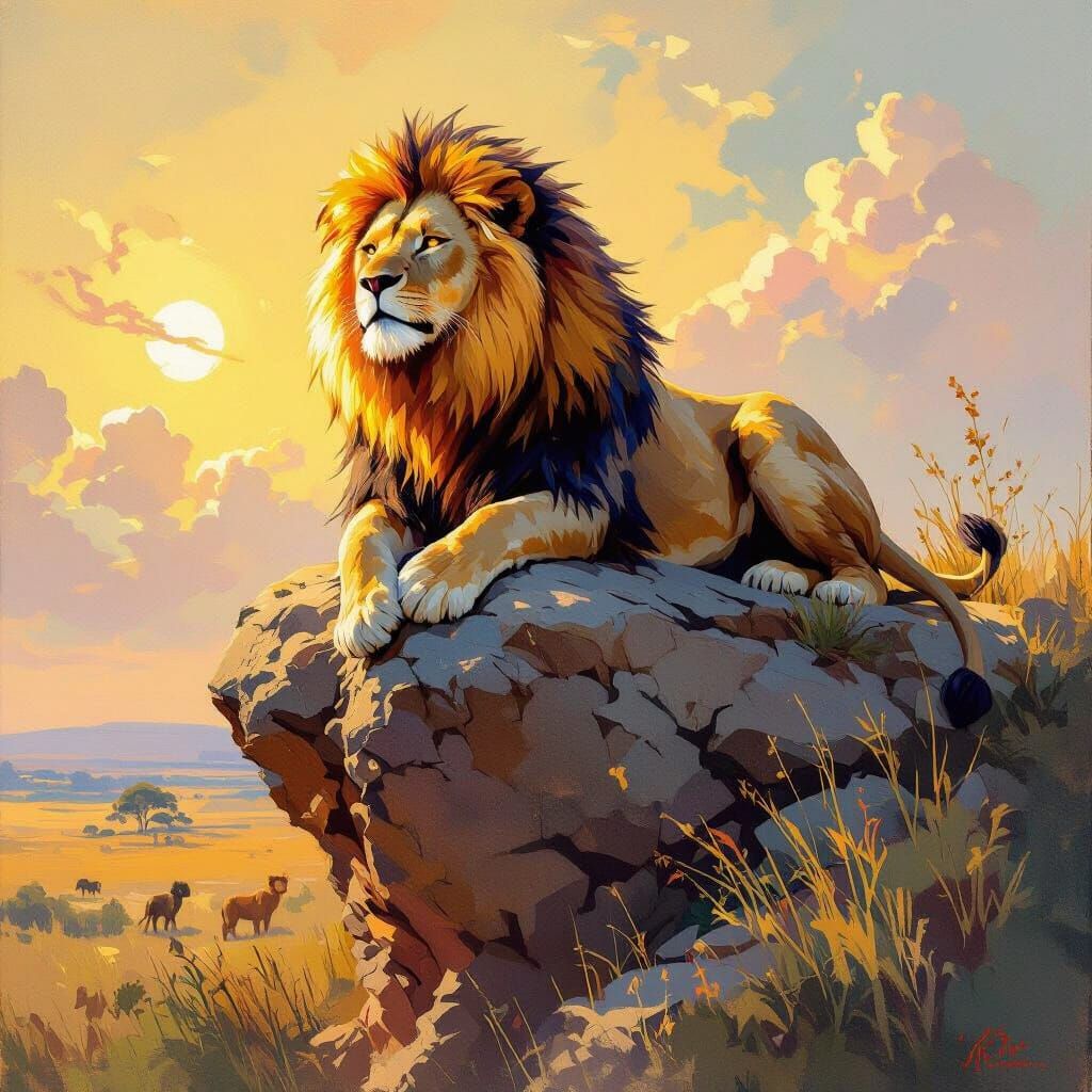Majestic Lion with Fiery Mane in Oil Painting Style