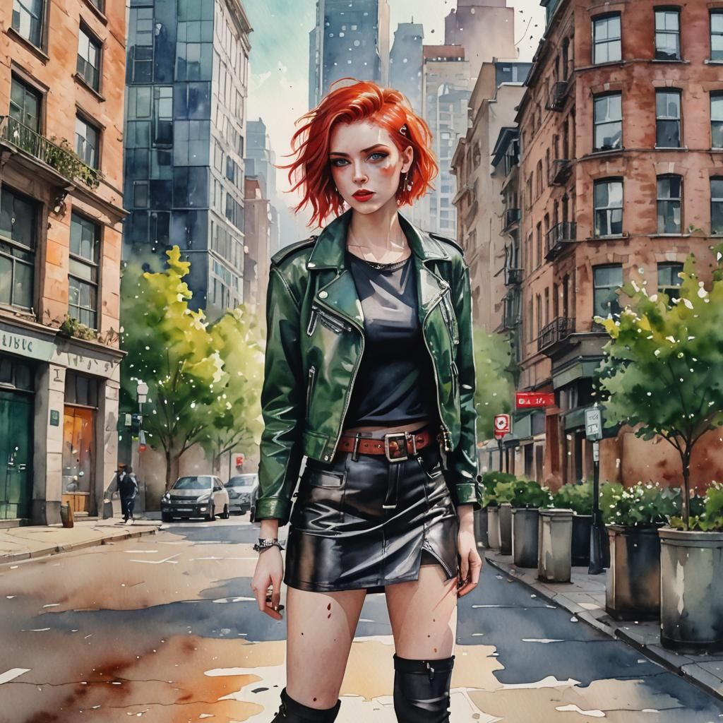 Watercolor Punk Girl in Cityscape