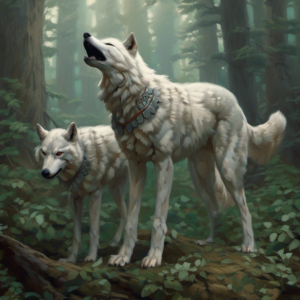 White Wolf Pack Striding Forward in Fantasy Style