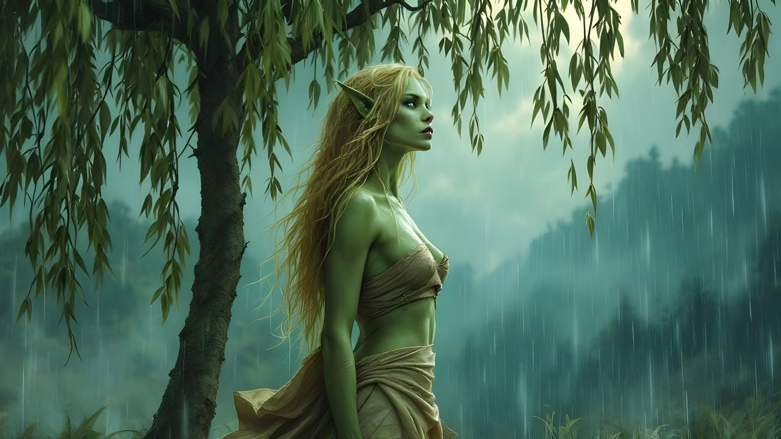 Orc Woman in Rainy Summer Day, Art Nouveau Style