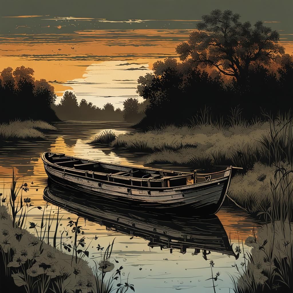 Mysterious Sunset on a Drifting Wooden Boat