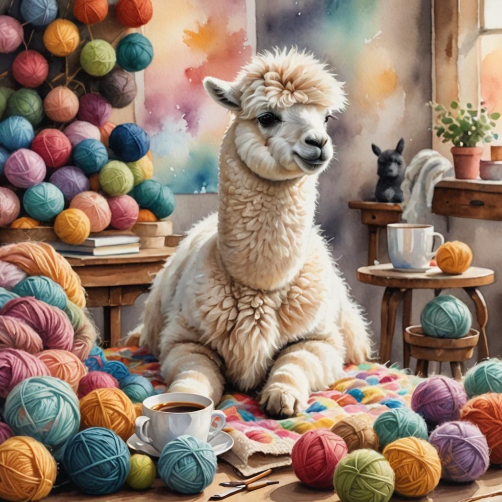 Cozy Craft Room with Alpaca Cria: Watercolour Illustration