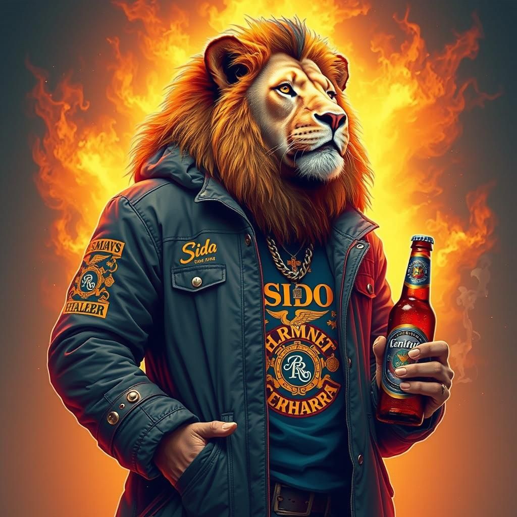Lion Rapper with Cigarette and Beer in Flames