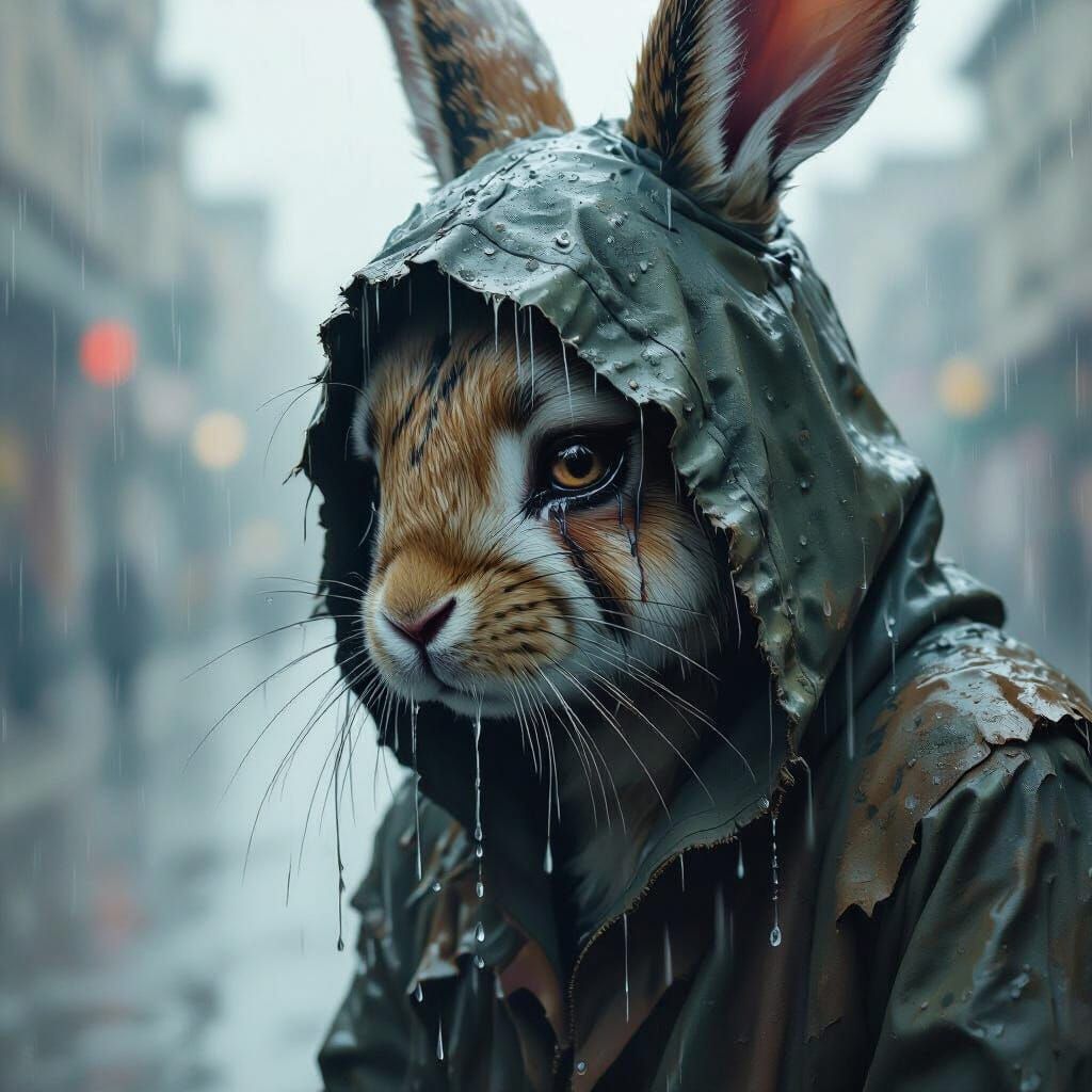 Glitched Rabbit Weeping in Rain: Renaissance Realism