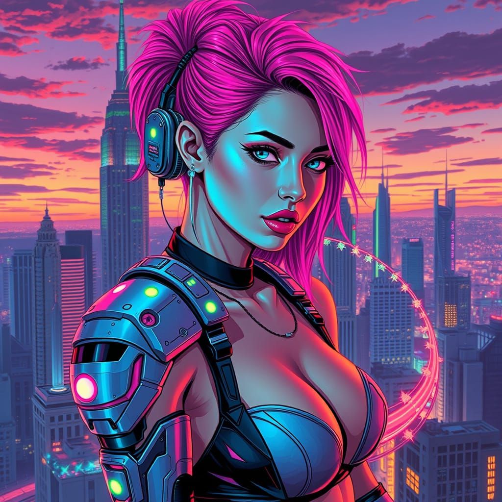 Cyberpunk Woman with Neon Hair in Futuristic Cityscape