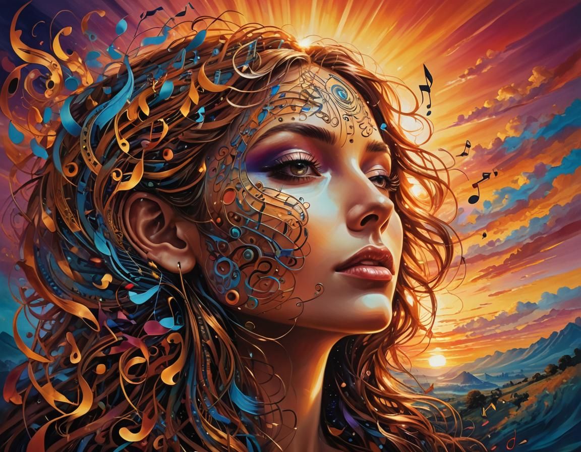 Surreal Musical Face Emerges from Psychedelic Sunset