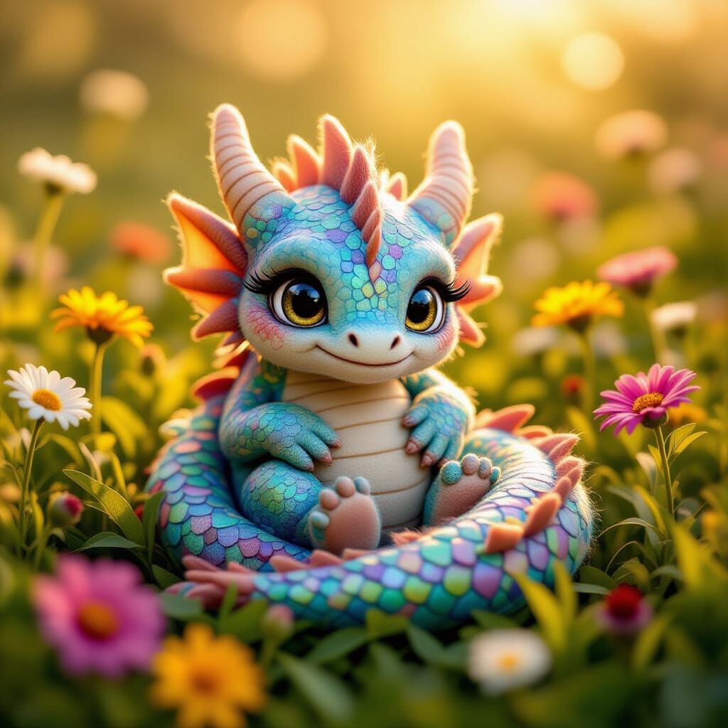 Felted Dragon Curled on Wildflowers, Cinematic Style