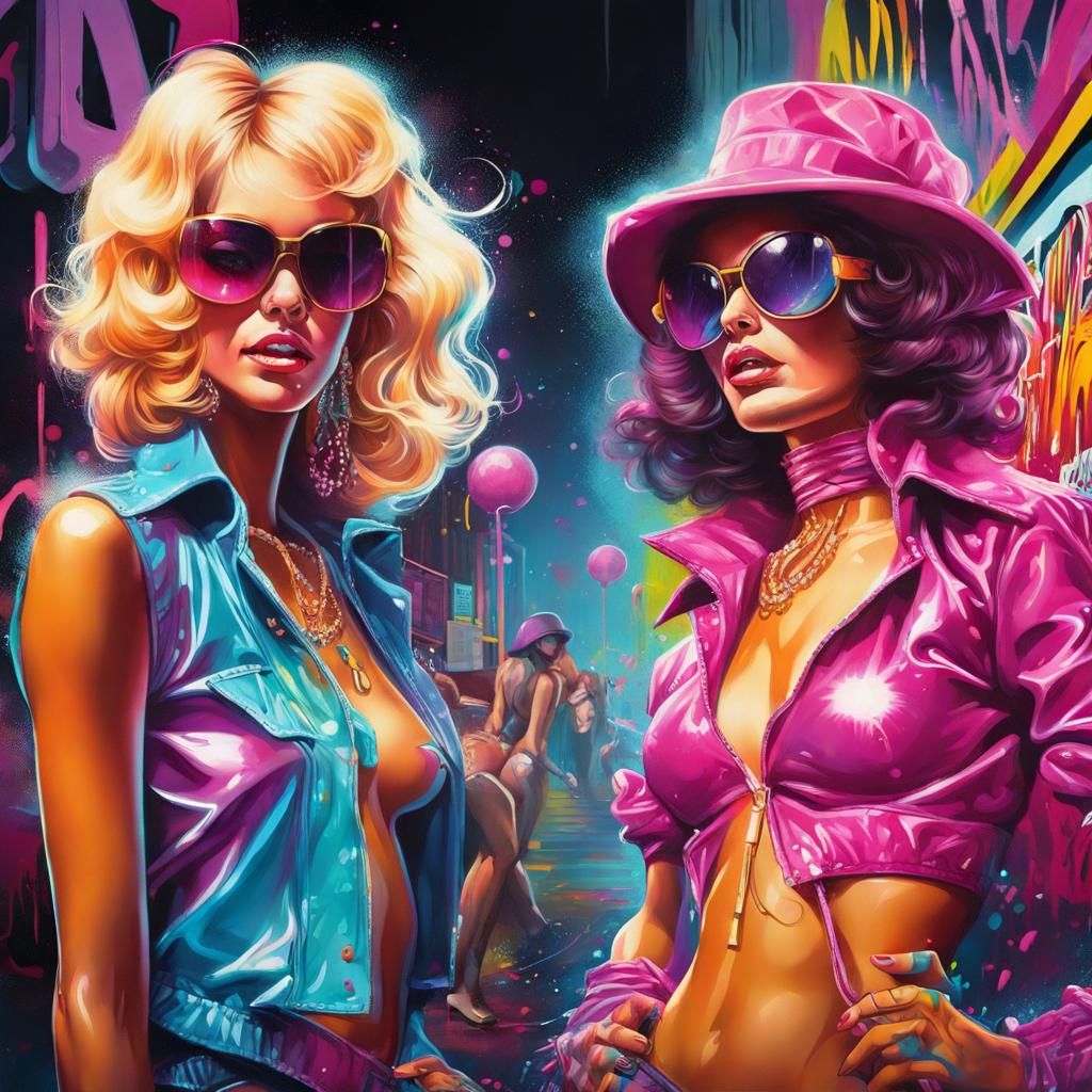 1970s Showgirls with Disco Fever in Graffiti Art Style