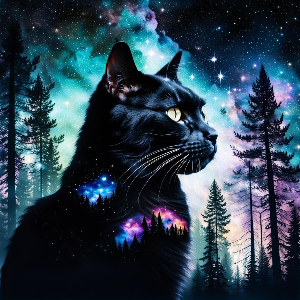 Mystical Cat Portrait in Galaxy Double Exposure