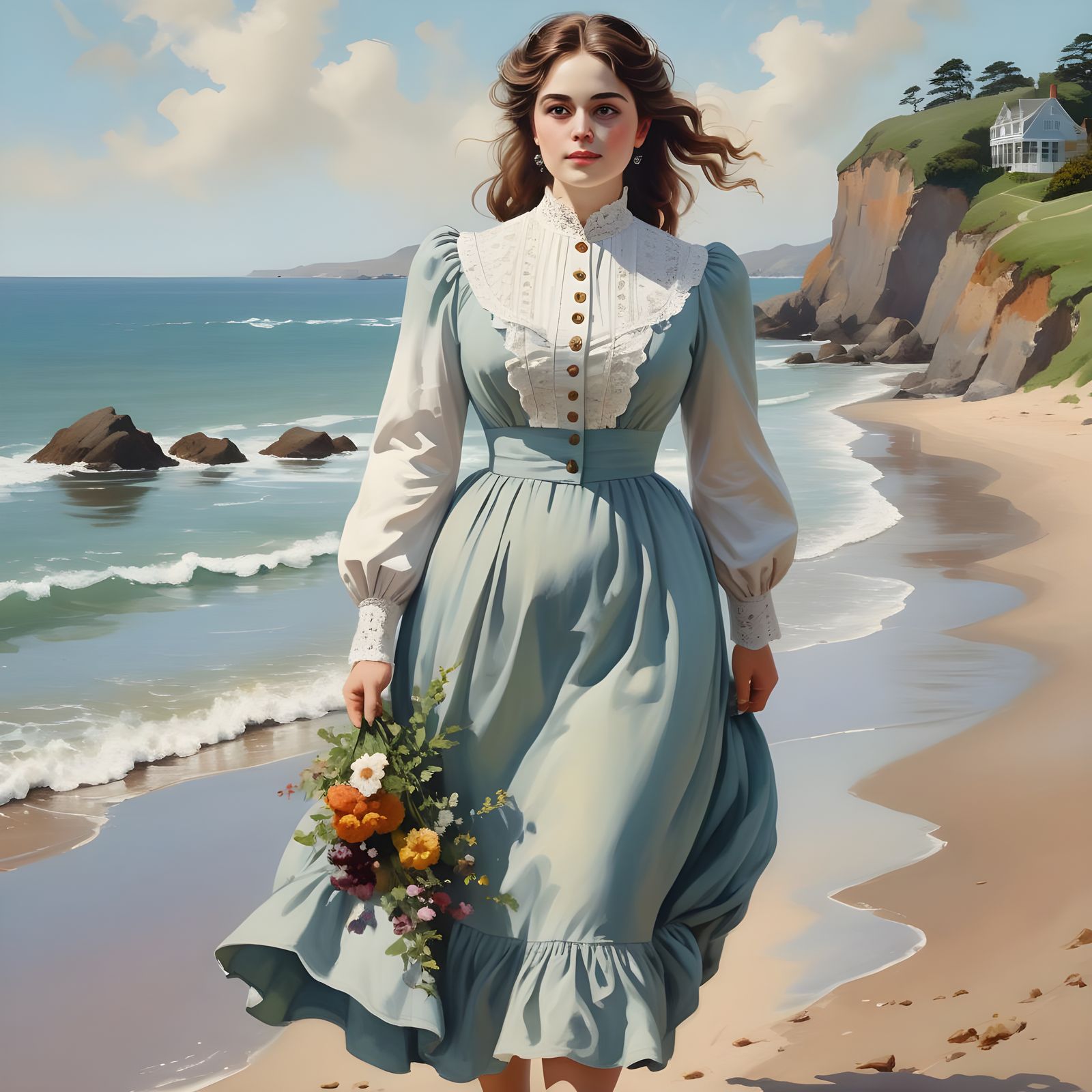 Beautiful Victorian Woman Strolls a Coastal Beach