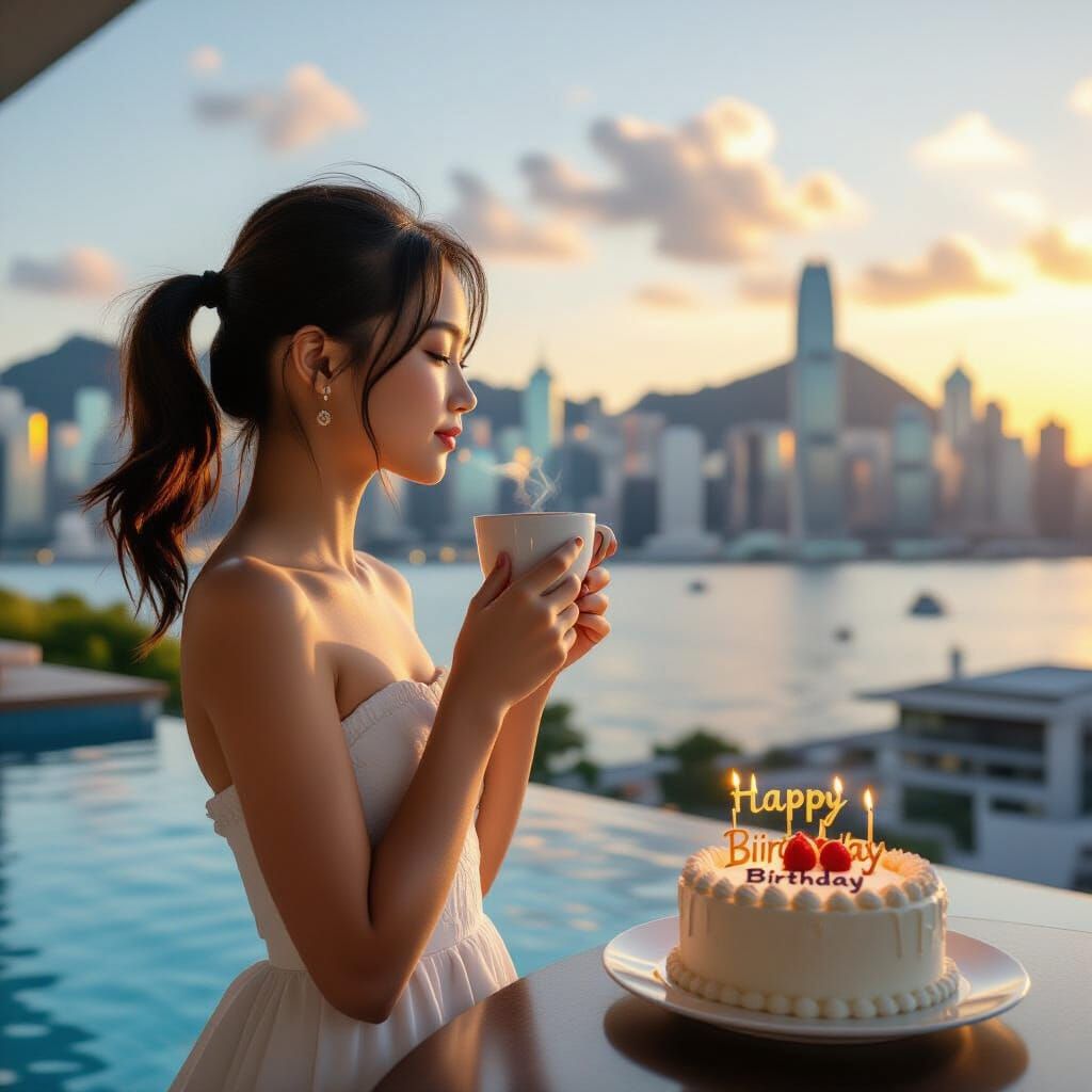 Schoolgirl Enjoys Birthday Cake Overlooking Hong Kong Sunset