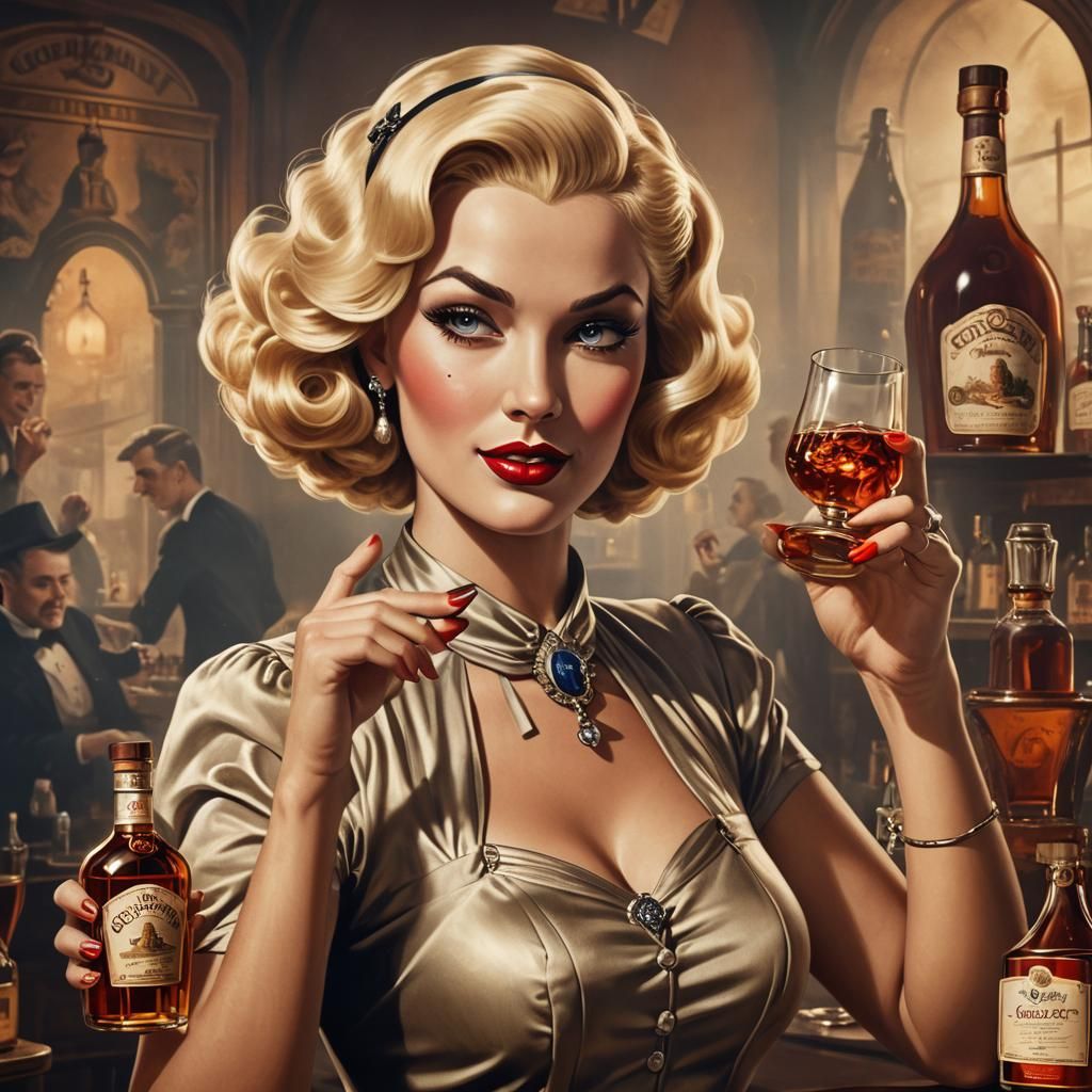 1930s Cognac Ad with Pin-Up Girl in Matte Painting