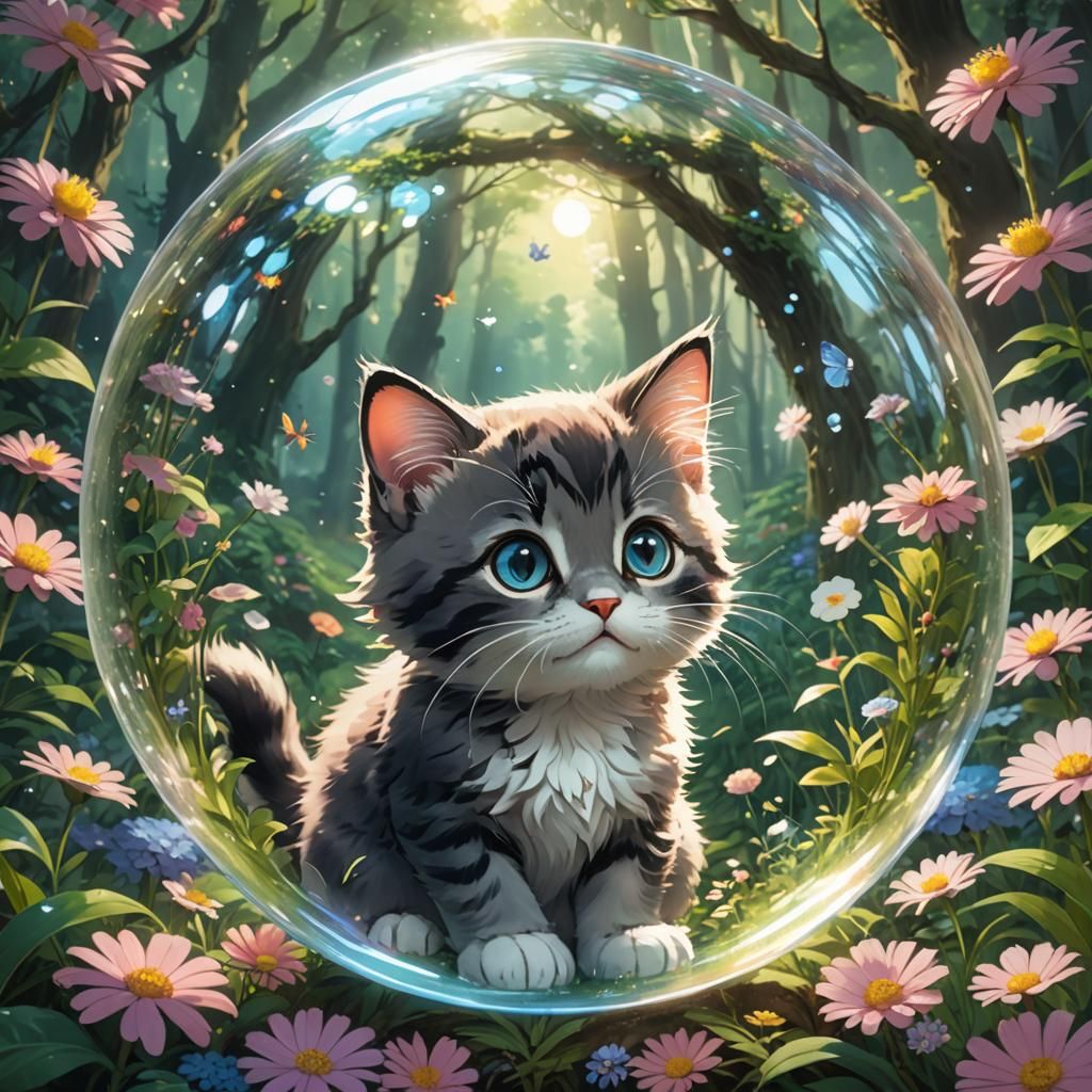 Kitten in Bubble, Magical Forest, Anime Style