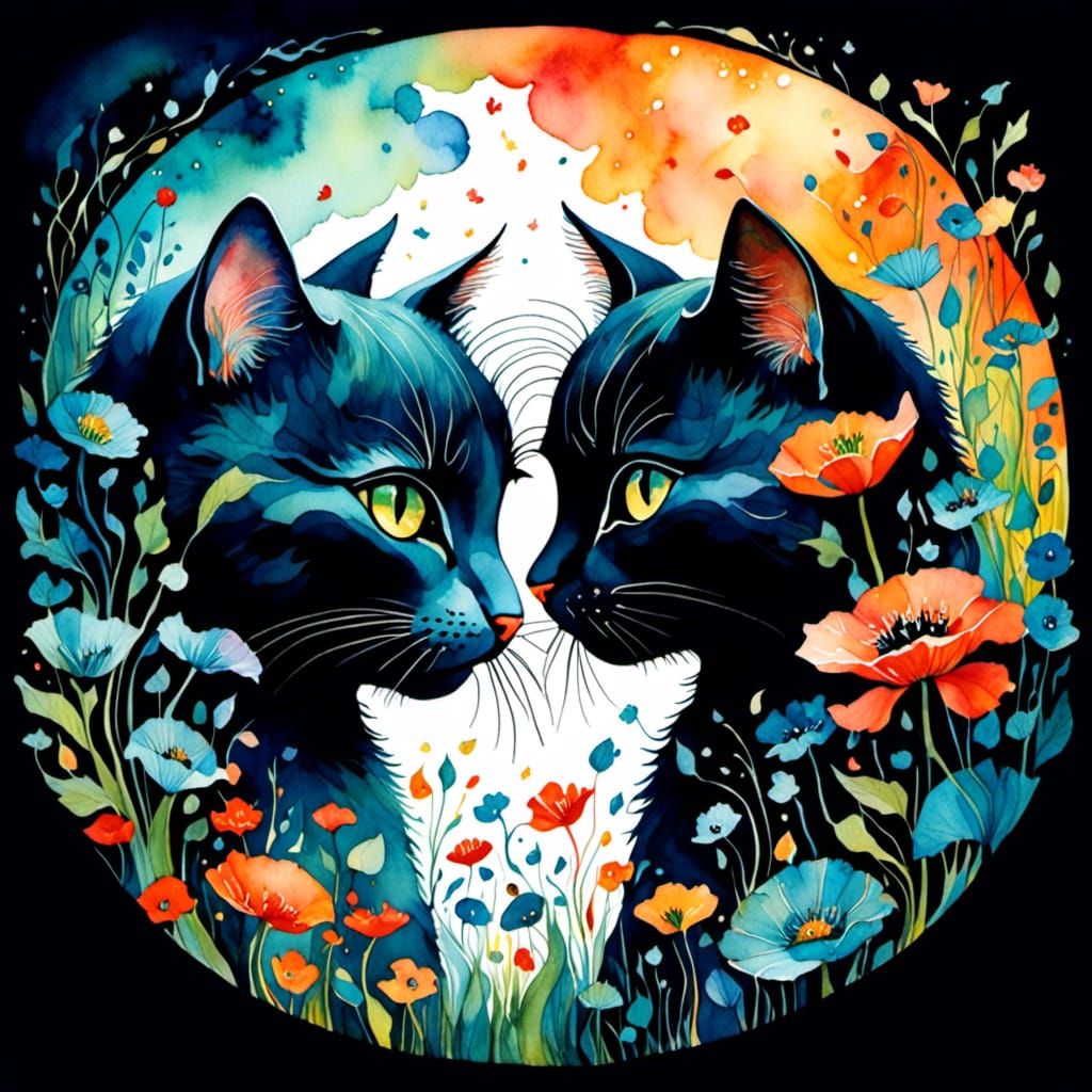 Whimsical Watercolor Portrait of Cat in Poppies