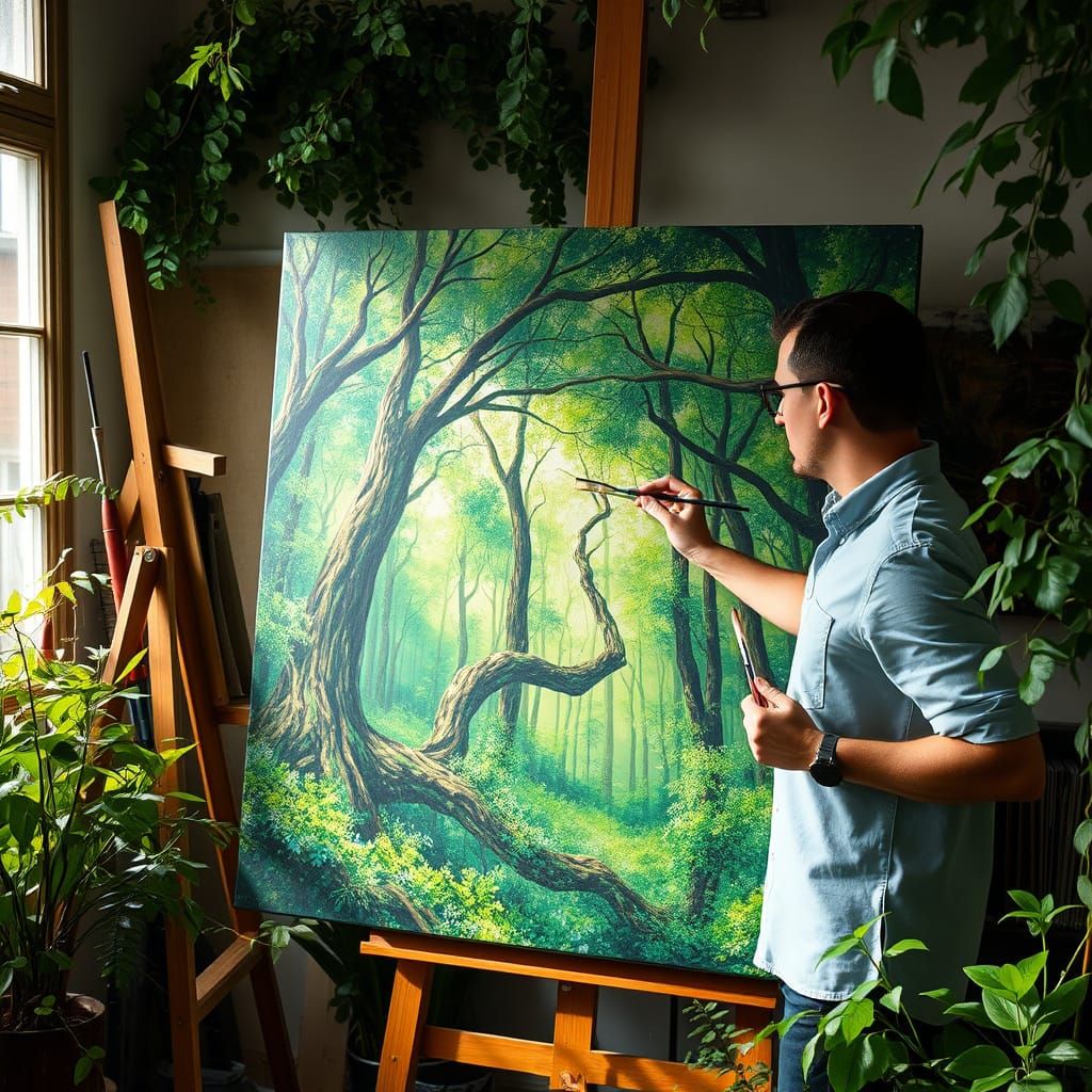 Artist Painting a Living Forest in Studio