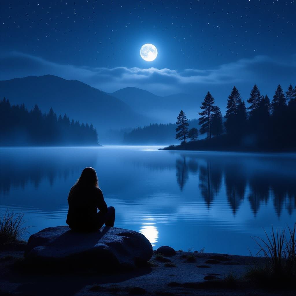 Moonlit Lake Scene with Pine Trees and Fog