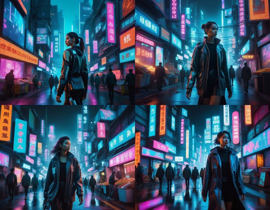 Glowing City Goddess Walks Amidst Neon Futuristic Chaos
