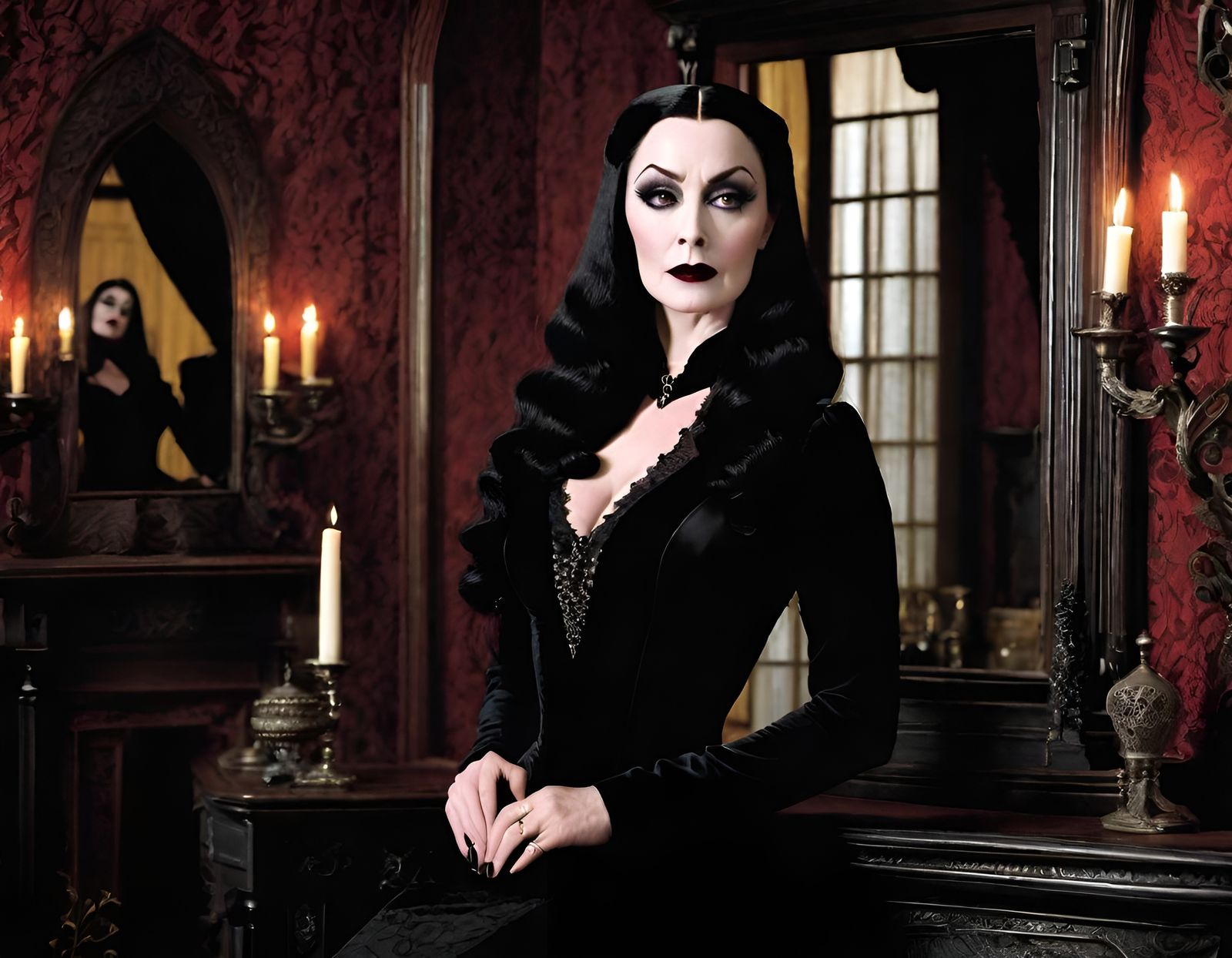 Morticia Addams in Victorian Parlor, Goth Pinup