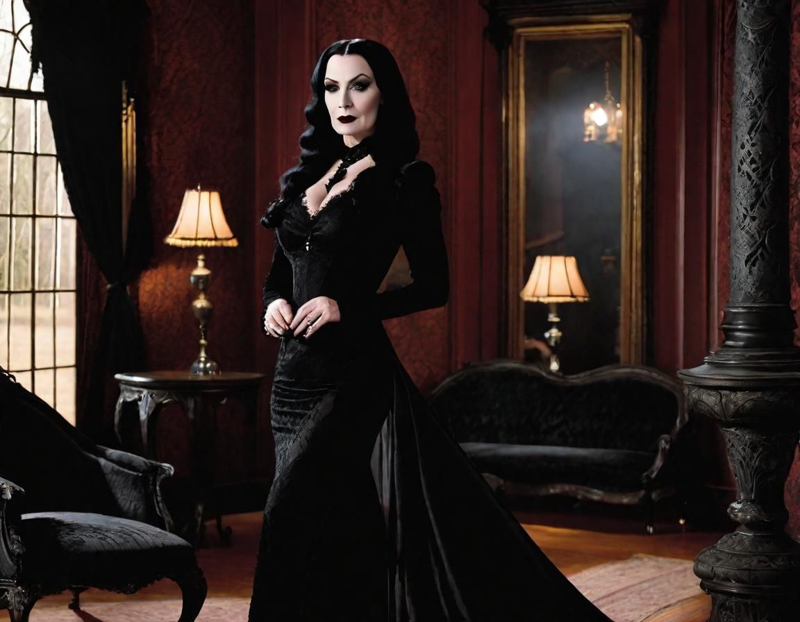 Morticia Addams in Victorian Parlor: Goth Pinup