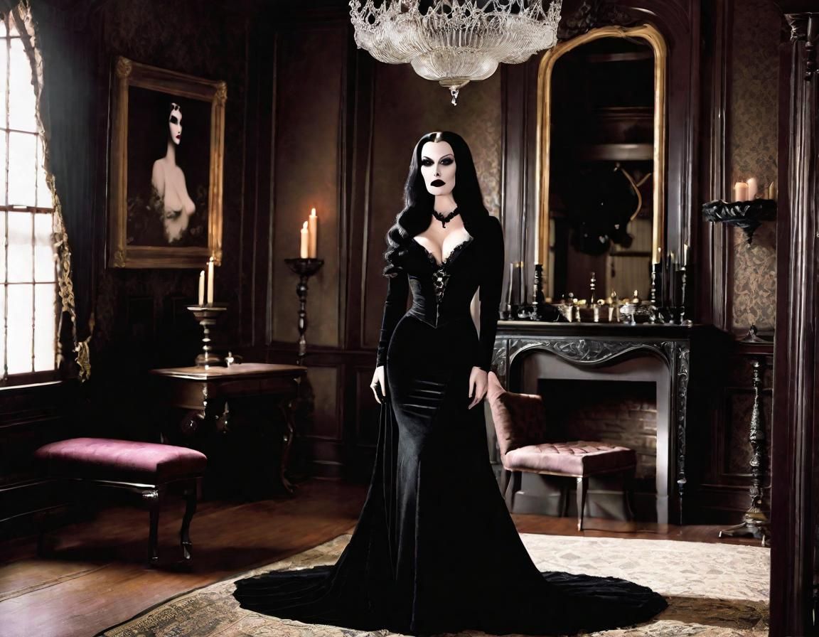 Morticia Addams in Victorian Parlor: Goth Pinup