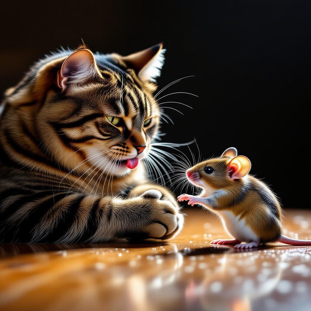 Cat and Mouse Arm Wrestle in Dramatic Studio Lighting
