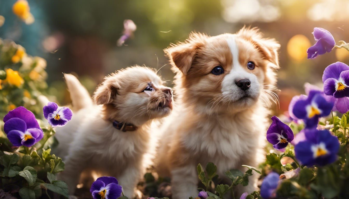 Adorable Puppy and Kitten Play in Flowerbed