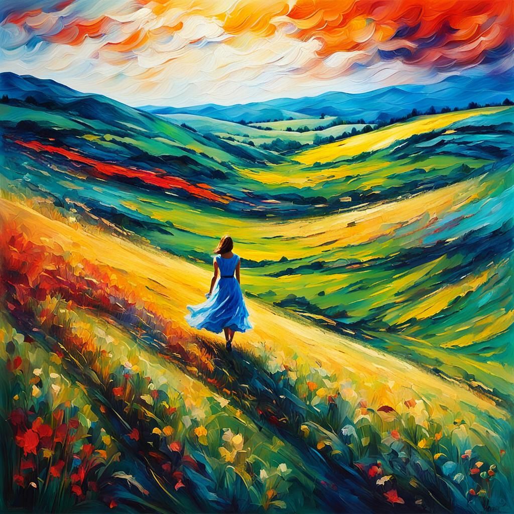 Woman Walks Through Hayfield: Impasto Double Exposure