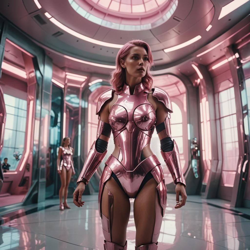 Futuristic Woman in Pink Metallic Bikini Armor