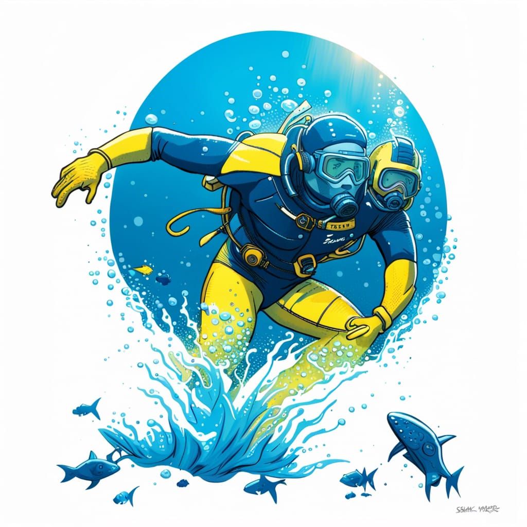 Scuba Diver in Underwater World as Comic Book Art