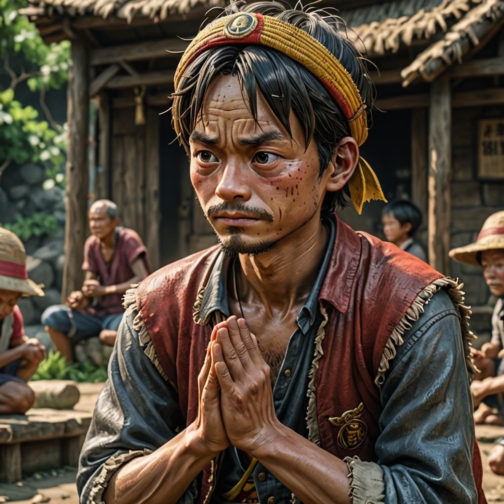 luffy praying villager Ultra realistic, hyper realistic, pho...