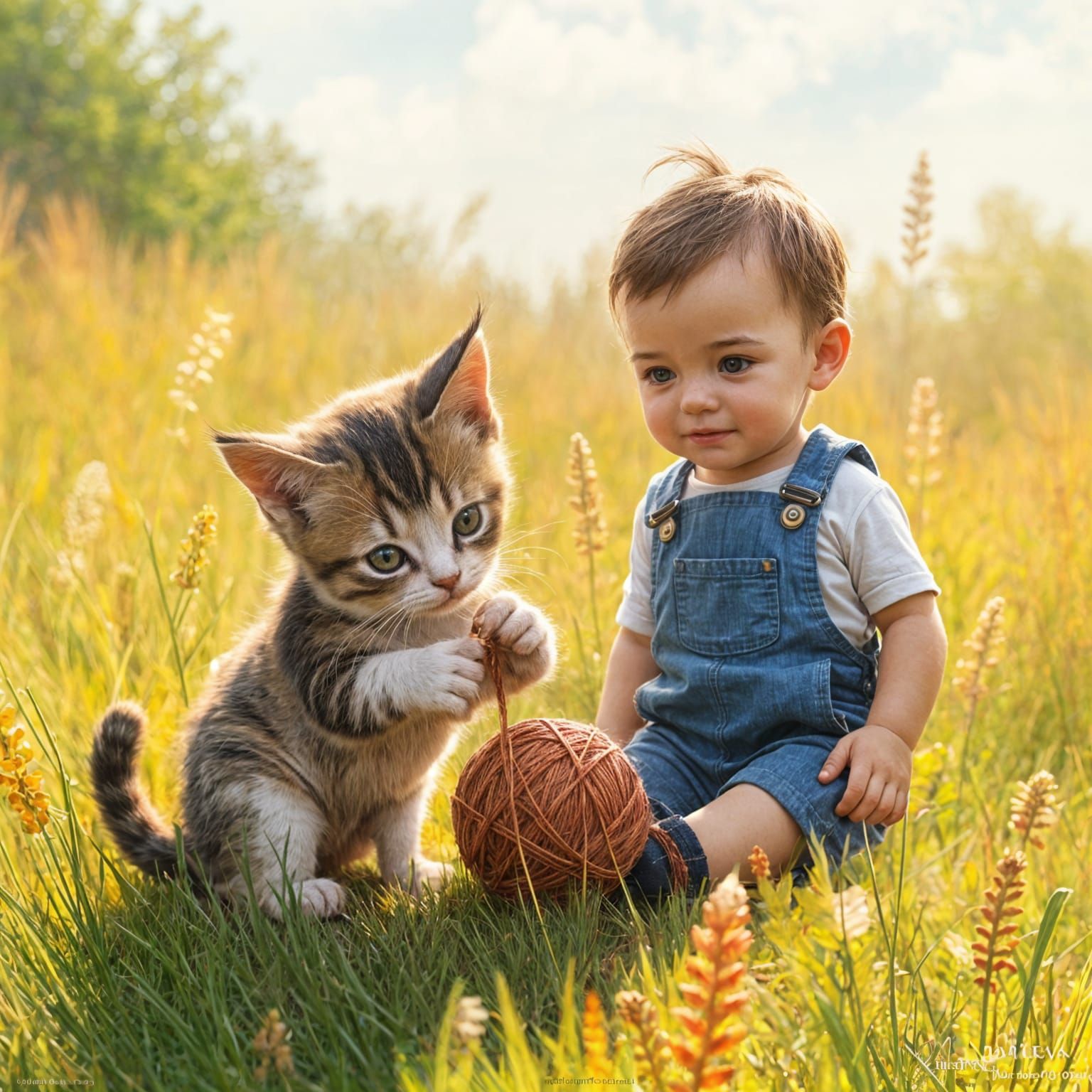 Impressionistic Kitten and Boy Playing with Yarn