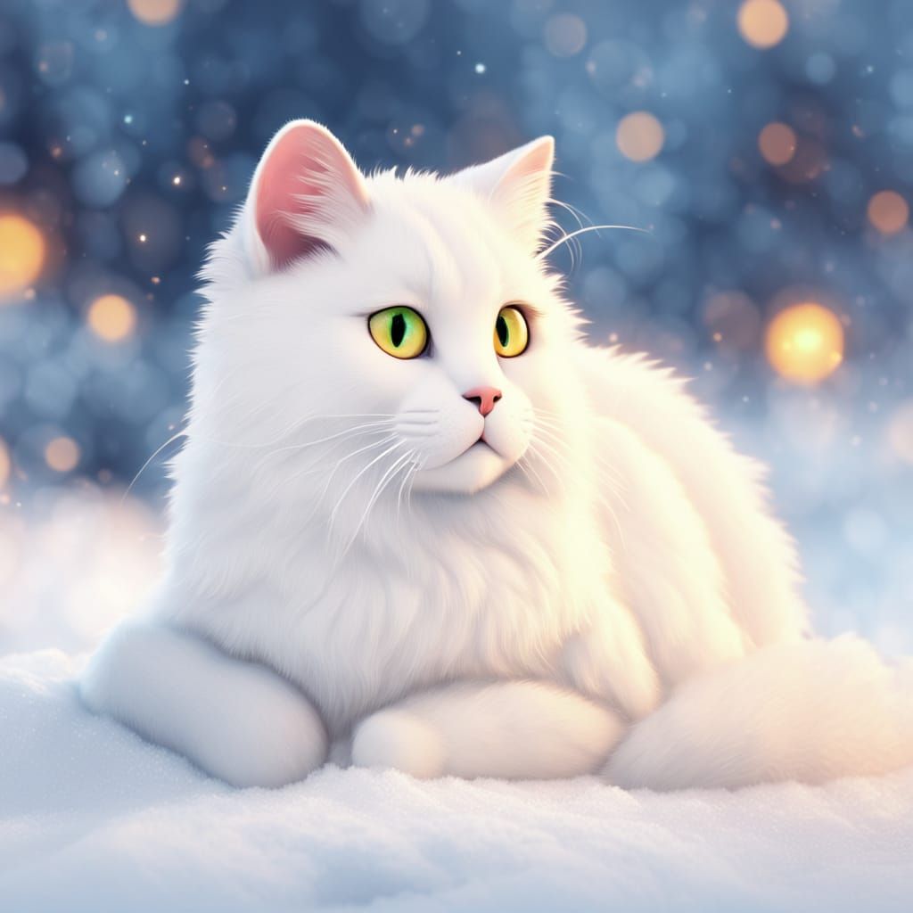 White Cat in Snow, Pixar-Style 3D Render