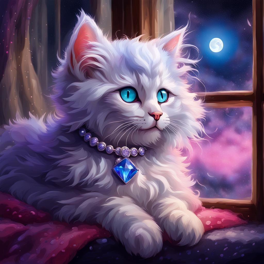 Fluffy Kitten with Sapphire Jewelry in Moonlight