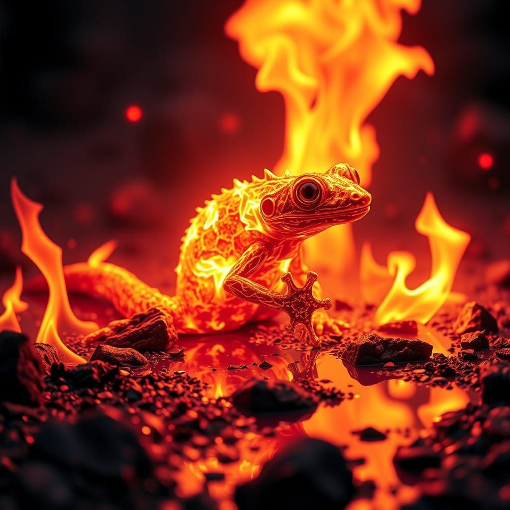 Glowing Ember Salamander in a Fiery Meadow