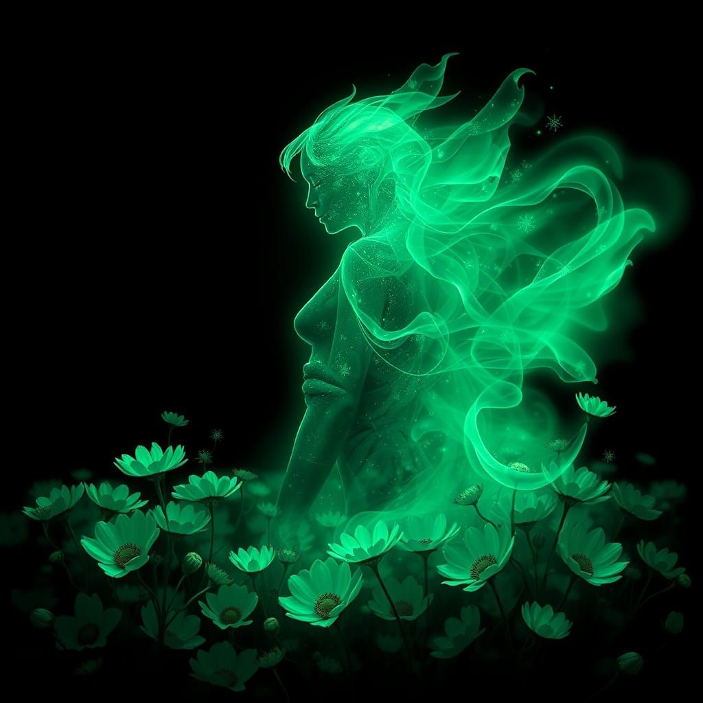 Emerald Energy Woman in Bioluminescent Landscape