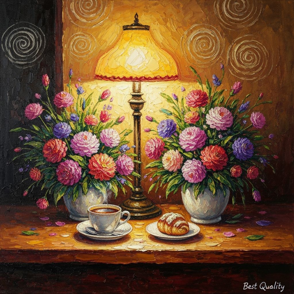 Cozy Cafe Still Life: Flowers, Coffee & Pastry
