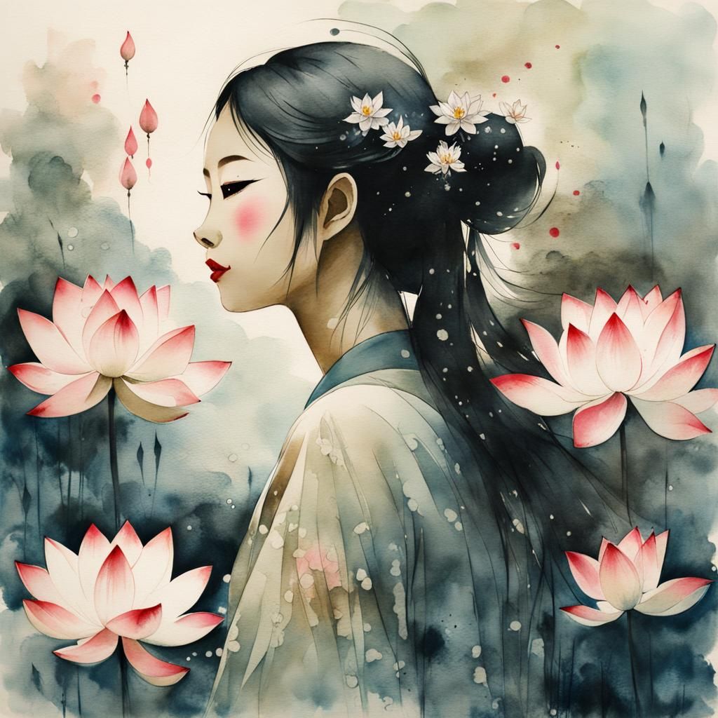 Water Demon Girl with Lotus in Ink Painting Style
