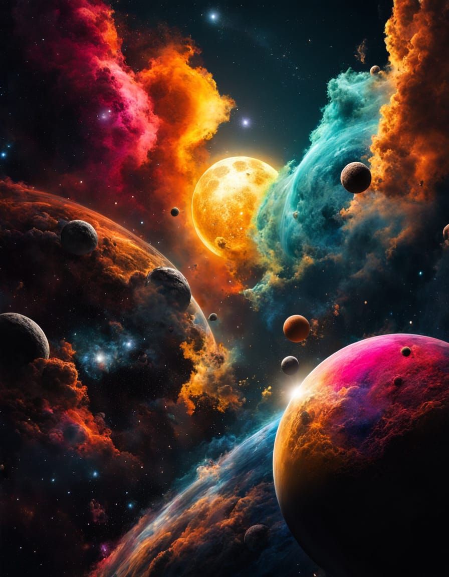 Abstract Nebula with Moons, Glowing Colors