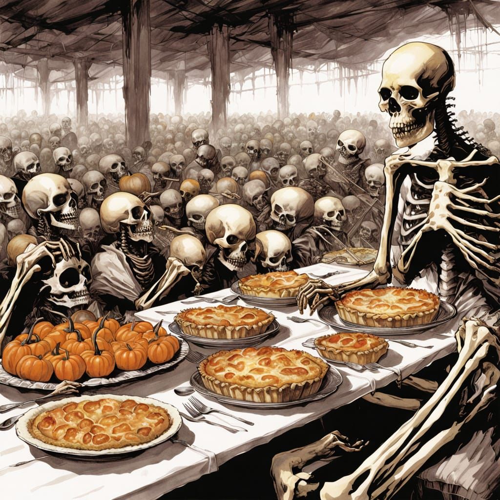 Abundant Harvest Feast With Skeletons Dining