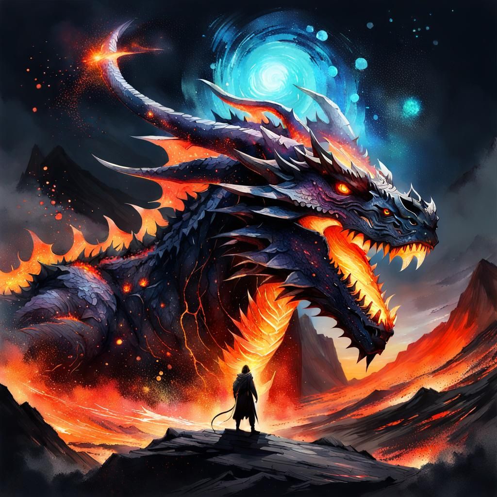 Lava Dragon Volcanic God in Watercolor Fantasy