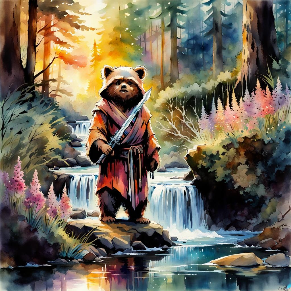Ewok in Forest: Digital Watercolor Illustration
